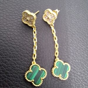Elegant Moissanite Gold Over 925 Sterling Silver Green Clover Drop Earrings